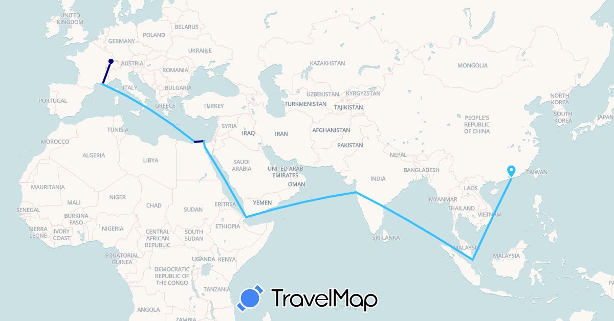 TravelMap itinerary: driving, boat in Switzerland, China, Egypt, France, India, Singapore, Yemen (Africa, Asia, Europe)